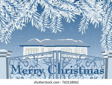 Gate in winter village. Christmas and New Year background