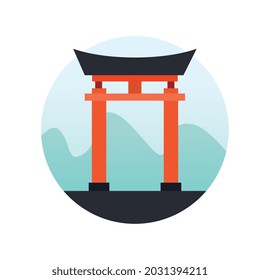 Una puerta sin solapas en un santuario Shinto (Torii), el comienzo del territorio sagrado. La cultura de Japón. Una imagen vectorial.
