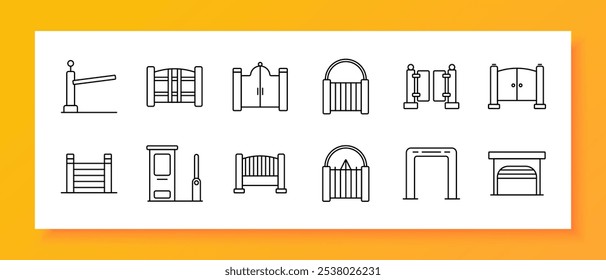 Gates and barriers set icon. Boom gate, turnstile, fence gate, arched gate, barrier arm, railing, entrance gate, ticket machine, archway, checkpoint