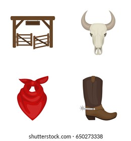 Gates, a bull s skull, a scarf around his neck, boots with spurs. Rodeo set collection icons in cartoon style vector symbol stock illustration web.