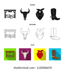 Gates, a bull skull, a scarf around his neck, boots with spurs. Rodeo set collection icons in black,flat,outline style vector symbol stock illustration web.