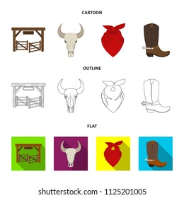 Gates, a bull skull, a scarf around his neck, boots with spurs. Rodeo set collection icons in cartoon, outline, flat style vector symbol stock illustration web.