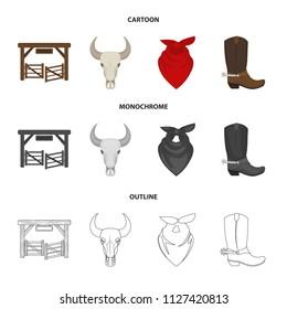 Gates, a bull skull, a scarf around his neck, boots with spurs. Rodeo set collection icons in cartoon,outline,monochrome style vector symbol stock illustration web.