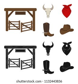 Gates, a bull skull, a scarf around his neck, boots with spurs. Rodeo set collection icons in cartoon,black style vector symbol stock illustration web.