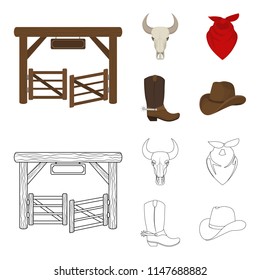 Gates, a bull skull, a scarf around his neck, boots with spurs. Rodeo set collection icons in cartoon,outline style vector symbol stock illustration web.