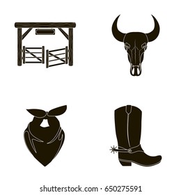 Gates, a bull's skull, a scarf around his neck, boots with spurs. Rodeo set collection icons in black style vector symbol stock illustration web.