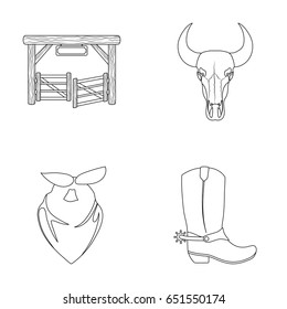 Gates, a bull's skull, a scarf around his neck, boots with spurs. Rodeo set collection icons in outline style vector symbol stock illustration web.