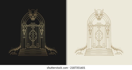 The gates of the cursed devil's lair. Vector illustration in engraving, hand drawn, luxury, esoteric, fit for spiritualist, religious, paranormal, tarot reader, astrologer or tattoo