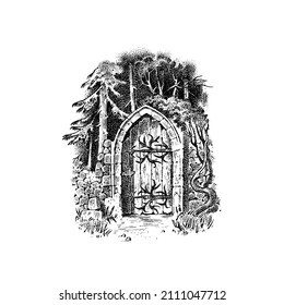 Gates or doors or portal. Template for wine or alcohol label. Old Vintage engraving streets fragments. Part of the building on the background of nature. Hand drawn sketch. 