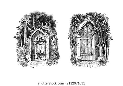 Gates or doors or portal. Template for wine or alcohol label. Old Vintage engraving streets fragments. Part of the building on the background of nature. Hand drawn sketch. 