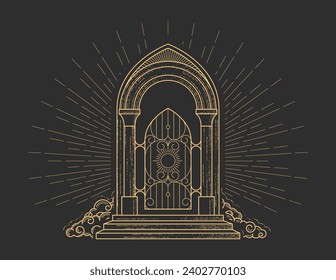 Las puertas del cielo, puerta de grate al paraíso en nubes, puertas del arco del infierno, portal de hades, vector