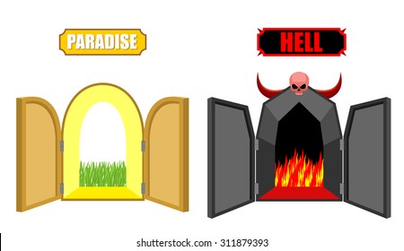 Gates of hell and paradise. Entrance to Satan and God. Scary black door in purgatory. Beautiful bright open entry to Eden gardens. Vector illustration of  religion. Choice after death of Christian.