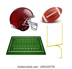 Gates, helmet, field and ball for American football isolated on white background