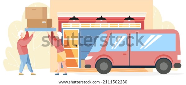 Gates with lifting mechanism in garage,\
place for automobile parking. People transporting old things to\
garage using van. Couple moves and transports boxes to storage\
place vector\
illustration