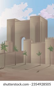 Gates of Nineveh. Ancient city Nineveh. Vector illustration of the ancient city architecture. 