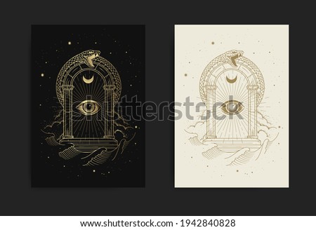 Gates of The universe with eye of god and snake ornament with engraving, handrawn, luxury, esoteric, boho, magic style, fit for paranormal, tarot card reader, astrologer or tattoo