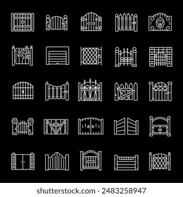 Gates, white line icons. Various gates made of wood, iron, stone, and brick. construction and property themes. Symbols on black background. Editable stroke.