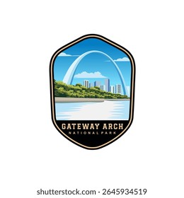 Gateway Arch National Park logo patch badge illustration, waterfall forest scenery design