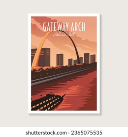 Afiche del parque nacional Gateway Arch, diseño de afiches sobre el paisaje de la gran ciudad de los ríos