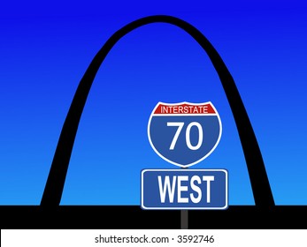 Gateway Arch St Louis Missouri with close view of interstate 70 sign