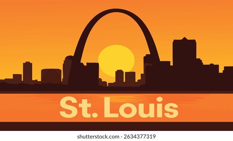 The Gateway Arch stands tall against the glowing sky at sunset, casting a long shadow across the Missouri skyline.