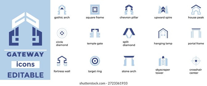 Symbol-Set für Gateway und Architekturbogen. Abstrakte geometrische Portale, Türen, Eingänge und Strukturdesign-Vektorsymbole
