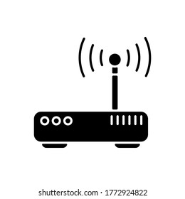 Gateway black glyph icon. Tunnel proxy server, wireless internet connection access point silhouette symbol on white space. Device for user traffic routing. Wi fi router vector isolated illustration