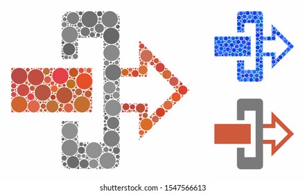 Gateway composition of filled circles in various sizes and shades, based on gateway icon. Vector filled circles are united into blue composition. Dotted gateway icon in usual and blue versions.