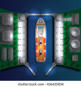 Gateway with cruise ship. Night.  View from above. Vector illustration.