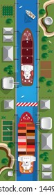 The gateway. A device for raising and lowering boats. View from above. Vector illustration.
