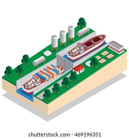 The gateway. A device for raising and lowering boats. Isometric. Vector illustration. 