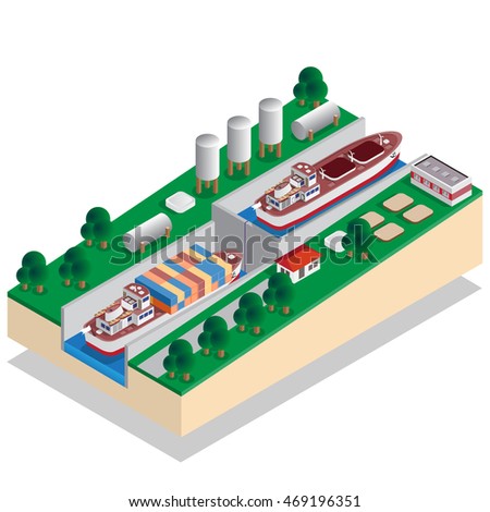 The gateway. A device for raising and lowering boats. Isometric. Vector illustration. 