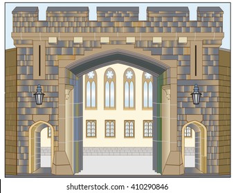 Gateway in the fortress ramparts distant past of roughly hewn stone
with two wickets for pedestrians, allows entry inside the palace courtyard
