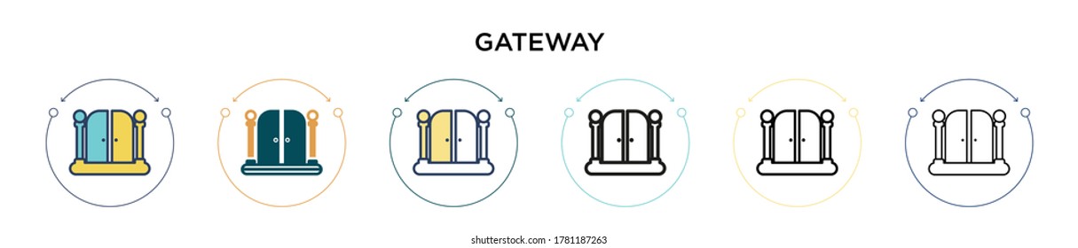 Icono de puerta de enlace en el estilo relleno, delgado, contorno y trazo. Ilustración vectorial de dos diseños de iconos vectoriales de pasarela de color y negro se pueden utilizar para móviles, ui, web