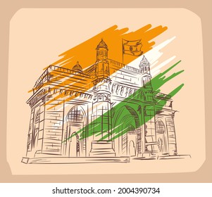 gateway of india and flag sketch style