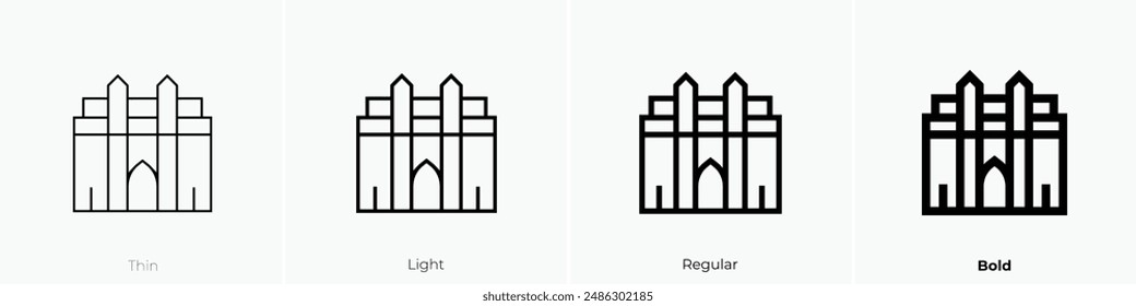 icono de la puerta de entrada de india. Diseño de estilo fino, ligero, regular y audaz aislado sobre fondo blanco