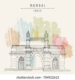 Gateway of India in Mumbai (Bombay), India. British monument in Indo-Saracenic style, 20th century. Cityscape sketch. Travel art. Vintage hand drawn postcard in vector