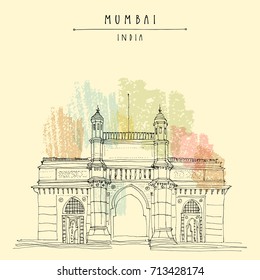 Gateway of India in Mumbai (Bombay), India. British time monument in Indo-Saracenic style, 20th century. Cityscape sketch. Travel art. Vintage hand drawn postcard in vector