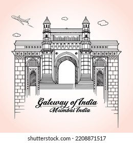 Gateway of India Mumbai, Mumbai city gate way icon, India. Famous indian hand drawn Maharashtra landmark.