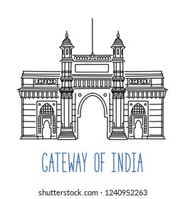 Gateway of India, Mumbai. Hand drawn outline vector illustration isolated on white background