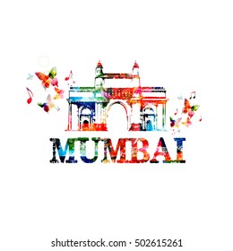 Gateway Of India, Mumbai Landmark Design For Poster, Brochure, Banner. Mumbai Architecture Template Vector Illustration, Travel Background. Colorful India Famous City Monuments, Mumbai Skyline Symbol