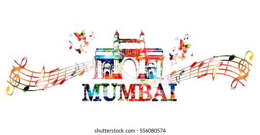 Gateway of India, Mumbai landmark with music notes isolated. Design for poster, brochure, banner. Mumbai architecture template vector illustration, travel background