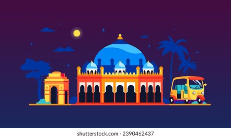 a and Gateway of India in New Delhi - colored vector illustration with building from the Guinness Book of Records, tuk-tuk taxi car and monument in memory of Indian soldiers. Night panorama