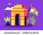 Gateway of India in New Delhi - modern colored vector illustration with monument in memory of Indian soldiers who died during the First World War. National flag with tricolor and memorial idea