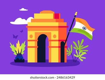 Puerta de entrada de la India en la Nueva Delhi - Ilustración vectorial de colores modernos con monumento en memoria de los soldados indios que murieron durante la Primera Guerra Mundial. Bandera nacional con tricolor e idea conmemorativa