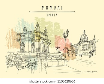 Gateway of India and Taj Mahal Palace Hotel in Mumbai (Bombay), India. Famous British time monuments, 20th century. Cityscape seafront sketch. Travel art. Vintage hand drawn postcard in vector