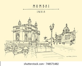 Gateway of India and Taj Mahal Palace Hotel in Mumbai (Bombay), India. Famous British time monuments, 20th century. Cityscape sketch. Travel art. Vintage hand drawn postcard in vector