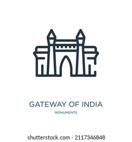 gateway of india thin line icon. tourism, gate linear icons from monuments concept isolated outline sign. Vector illustration symbol element for web design and apps.
