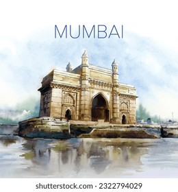 Puerta de la India, acuarela, ícono de la ciudad de Mumbai, monumento indio