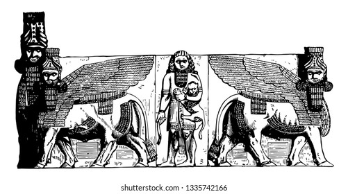 Gateway at Khorsabad, Egypt,  Sculpture, winged bull,  vintage line drawing or engraving illustration.